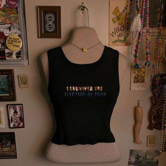 Funny Political Tank Top Women's Medium/Large Black Sparkly USA Graphic Cropped - Picture 1 of 7